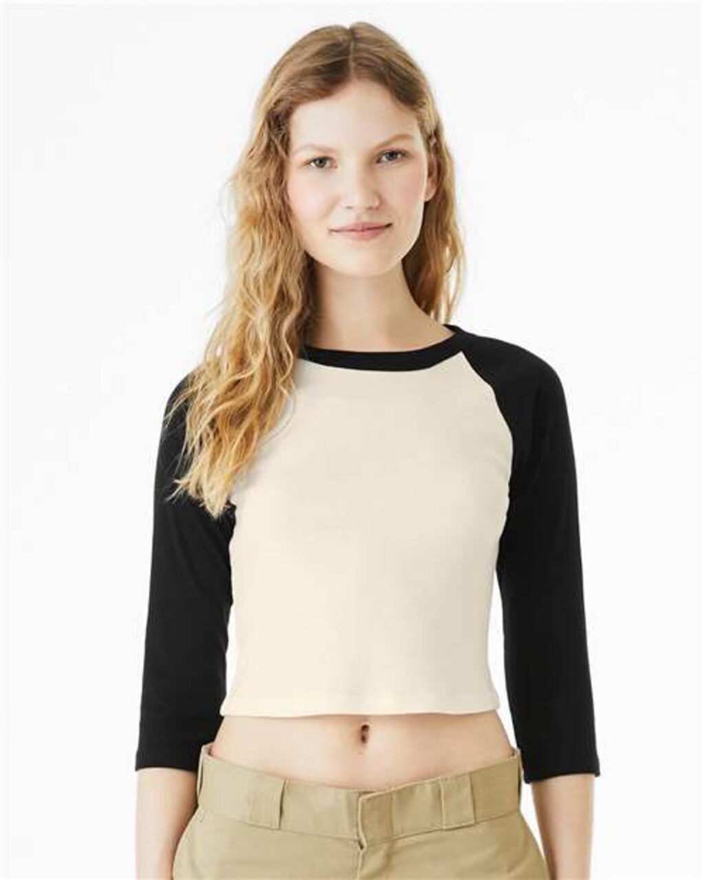 BELLA+CANVAS Ladies Micro Rib Raglan 3/4 Sleeve Baby Tee for Casual Wear, Streetwear & Cropped Fit Style Top